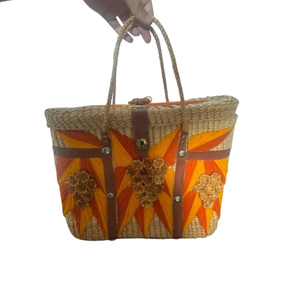 Handbags - Handcrafted Straw Tote Bag with Orange and Yellow Accents